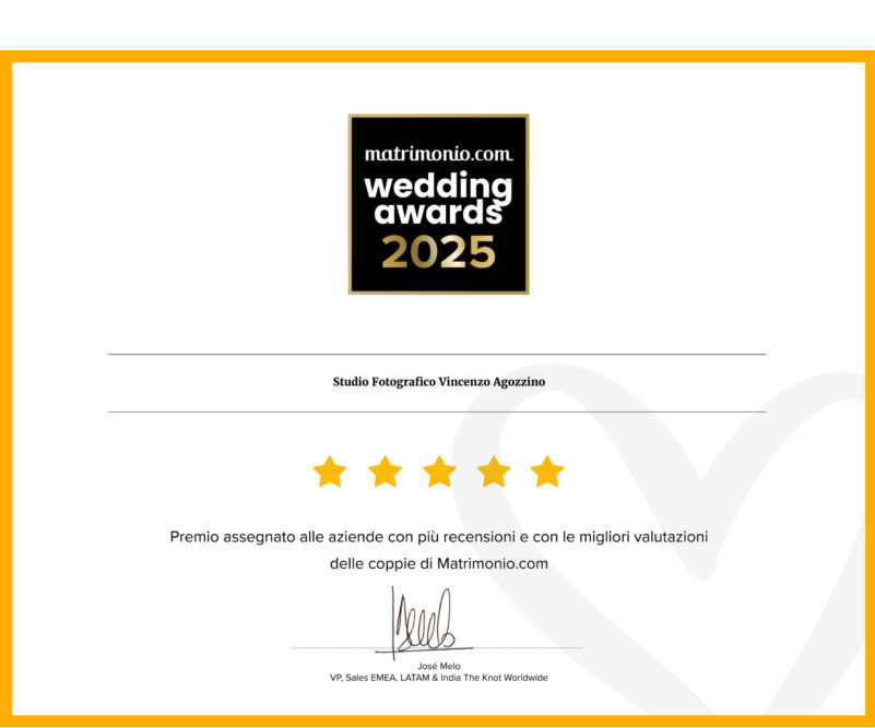 Attestato Wedding Awards 2025 dello Studio Fotografico Vincenzo Agozzino